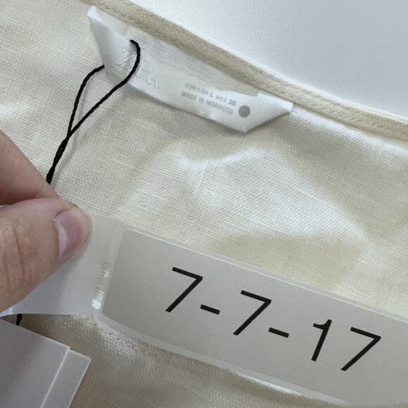 Zara Shirt Womens Large White 100% Linen Short Sleeve Boxy Pocket Crewneck Top - Picture 3 of 7